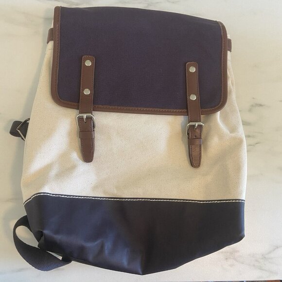 Land's End Navy & Ivory Canvas Backpack Bag Knapsack School Nautical Adjustable - Picture 2 of 7